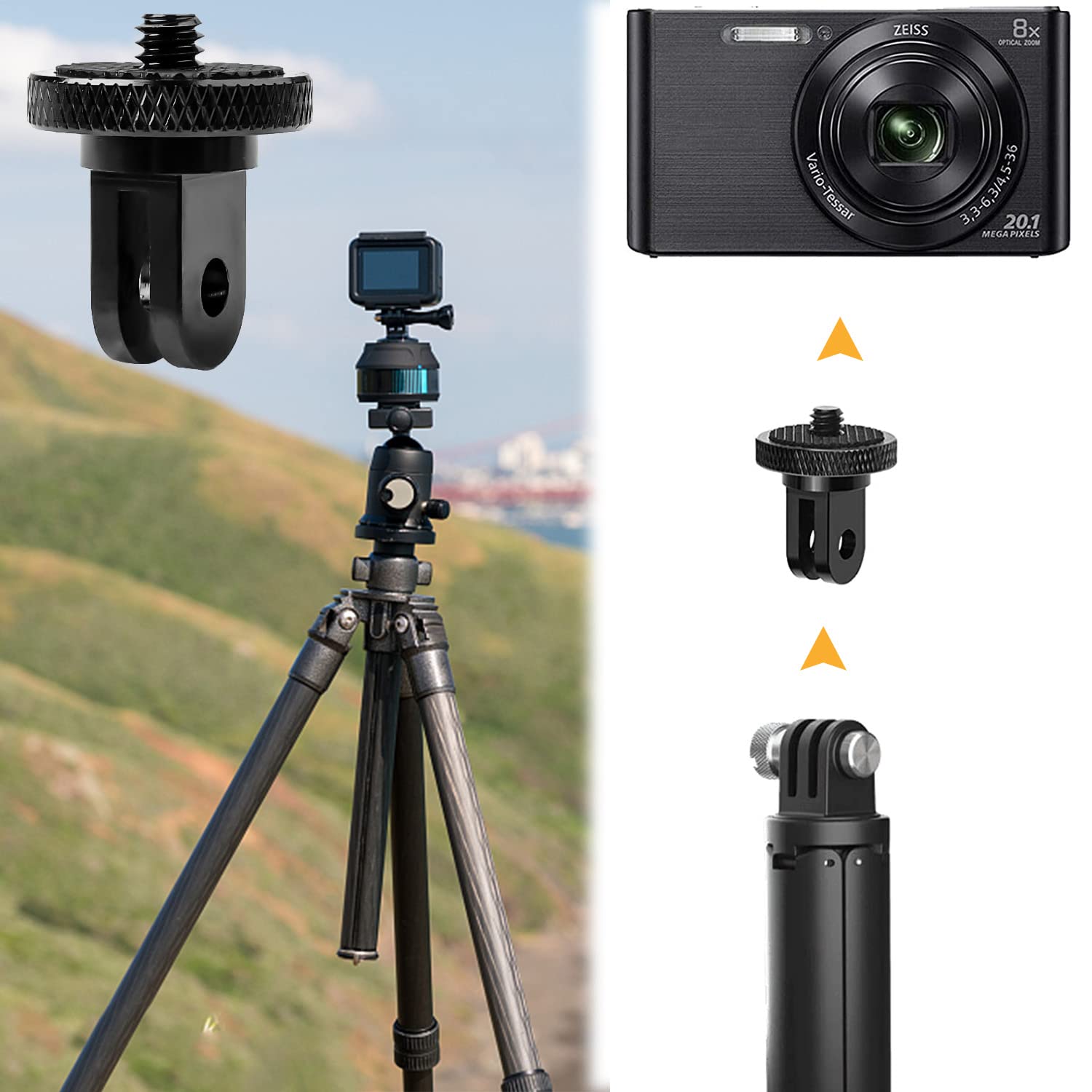 Vkesen Adattatore in Alluminio da 1/4 per Insta360 X5/X4/X3/ONE X2, Adattatore per Montaggio su Treppiede Ruotabile per Insta360 X5/X4/X3/ONE X2, Sony, SJCAM e altre fotocamere action (2 Pezzi