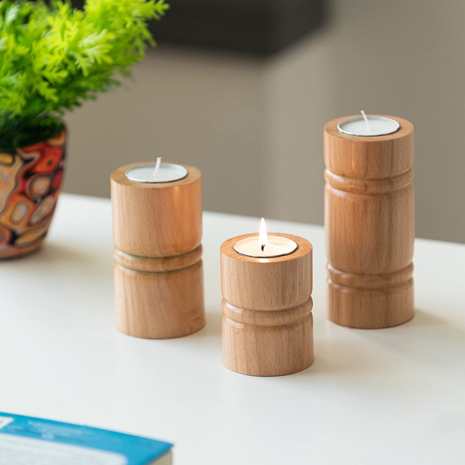 ExclusiveLane Hand-Carved 'Jugnu Stambh' Wooden Tea Light Holder for Home Decoration (Set of 3, Blue, Light Brown)-image-6