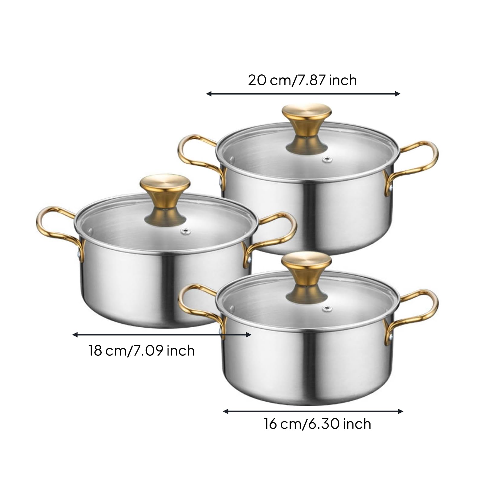 Set Casseroles avec Couvercles tous Fe Équipement Culinaire Cuisine Multi-Usage Marmite En Acier Inoxydable pour Familles, Étudiants, Poignée Dorée, 16-18-20CM
