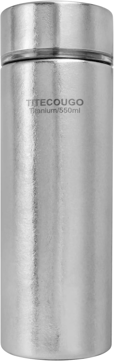 TITECOUGO Titanium Water Bottle Thermos for Hot and Cold Drinks, Double Wall Vacuum Insulated Water Bottle, Thermo Flask with Filter for Travel, Gym Outdoor Silver Grey