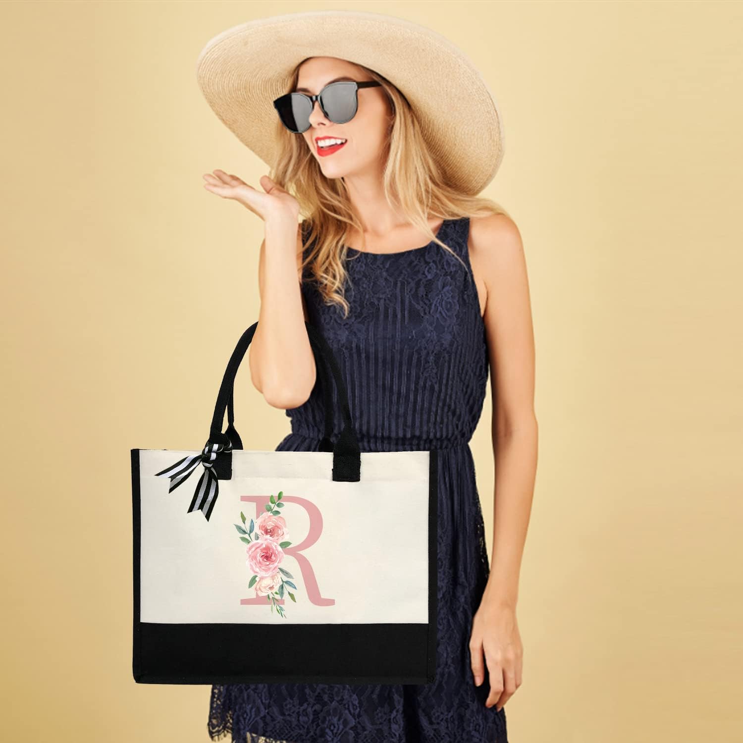Initial Canvas Tote Bag for Women, Beach Bag with Inner Zipper Pocket Personalized Gifts for Wedding, Birthday | Initial, Personalized Gifts, for Wedding, Birthday - Image 3