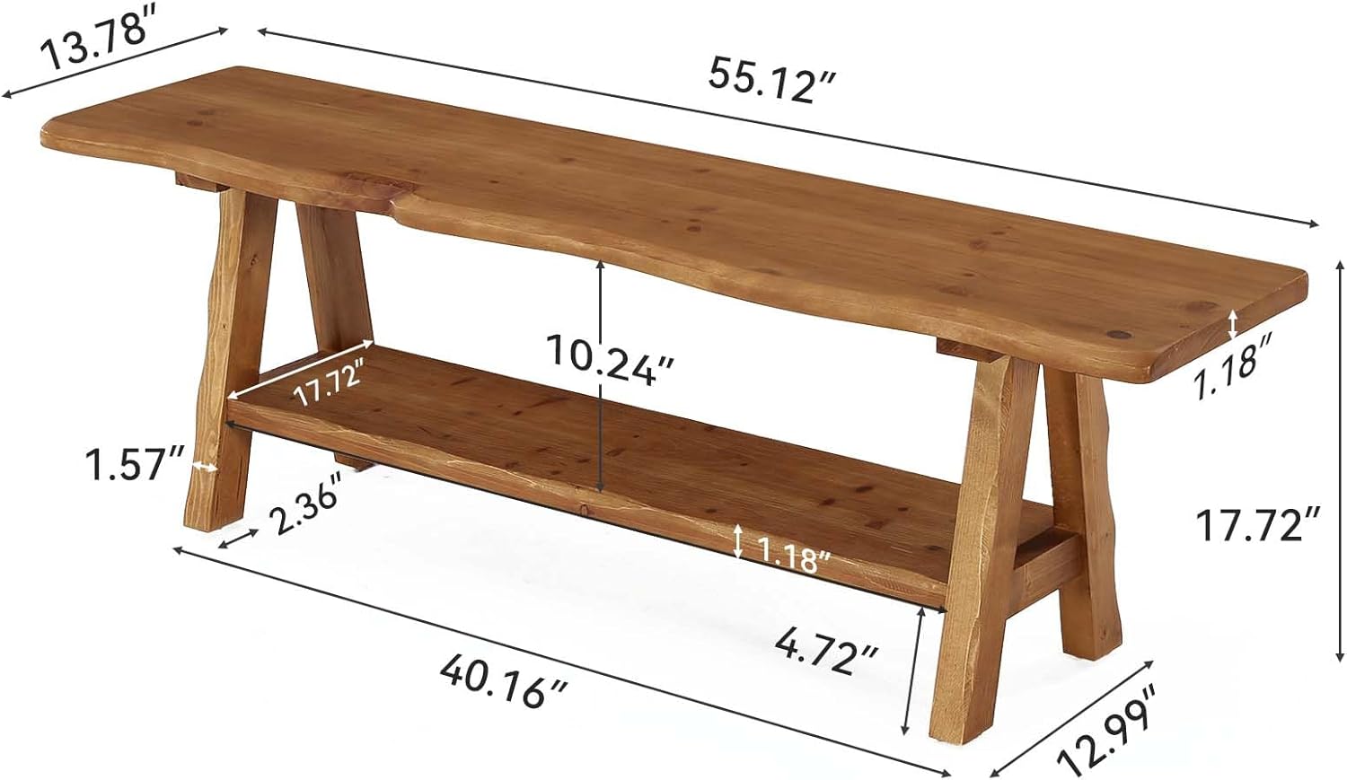 55-Inch Solid Wood Entryway Bench, Farmhouse Long End of Bed Bench with Live-Edge, Indoor Dining Seat for Entrance, Bedroom, Living Room, Dining Room, Easy Assembly, Brown