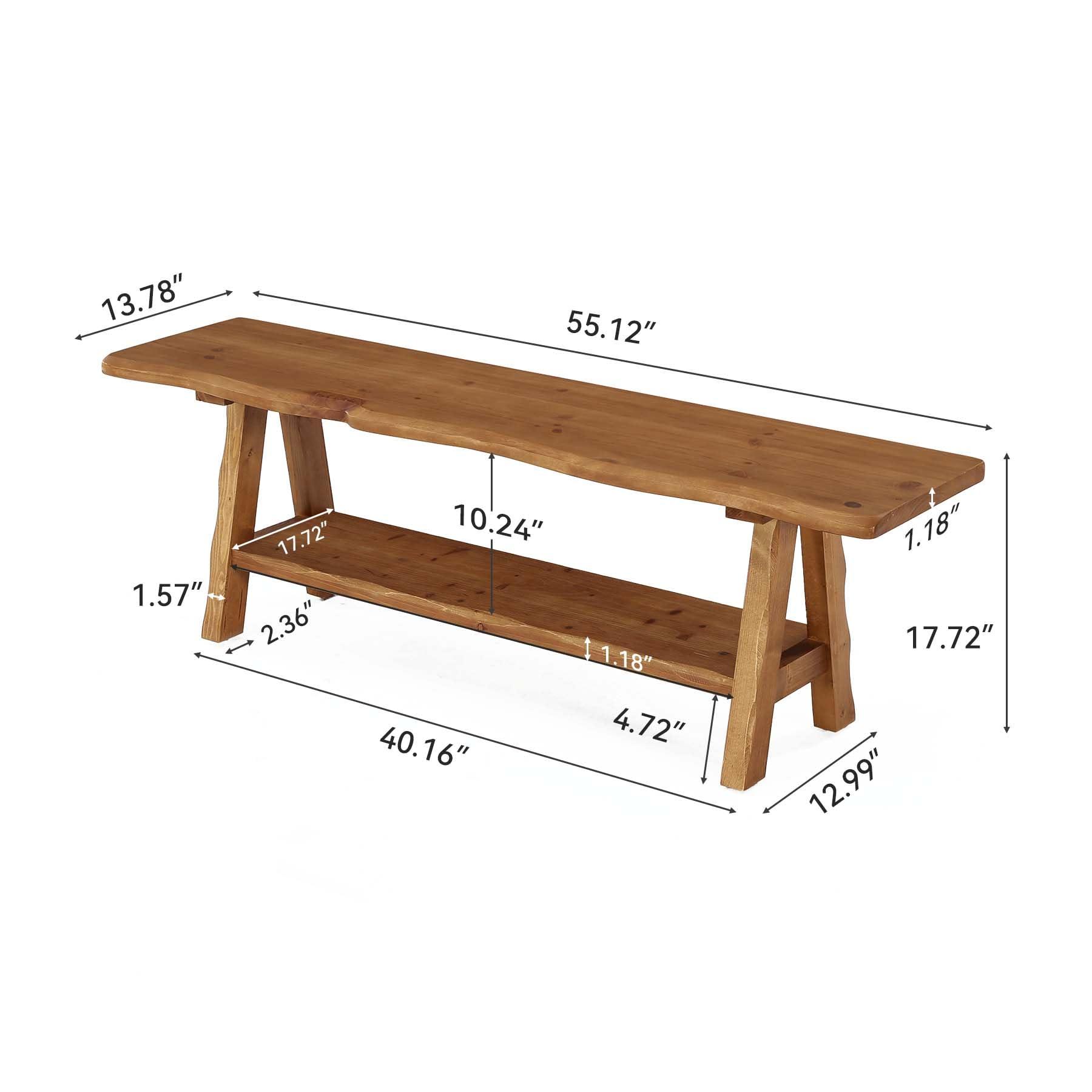 55-Inch Solid Wood Entryway Bench, Farmhouse Long End of Bed Bench with Live-Edge, Indoor Dining Seat for Entrance, Bedroom, Living Room, Dining Room, Easy Assembly, Brown