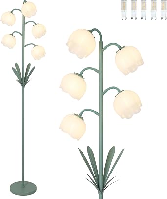 5-Lights Flower Floor Lamp with LED Blubs, Green Modern Floor Lamps for Living Room, Adjustable Standing Lamps for Bedroom Reading, Corner Tall Lamp Tree Stand Up Lamp for Office Home Decor