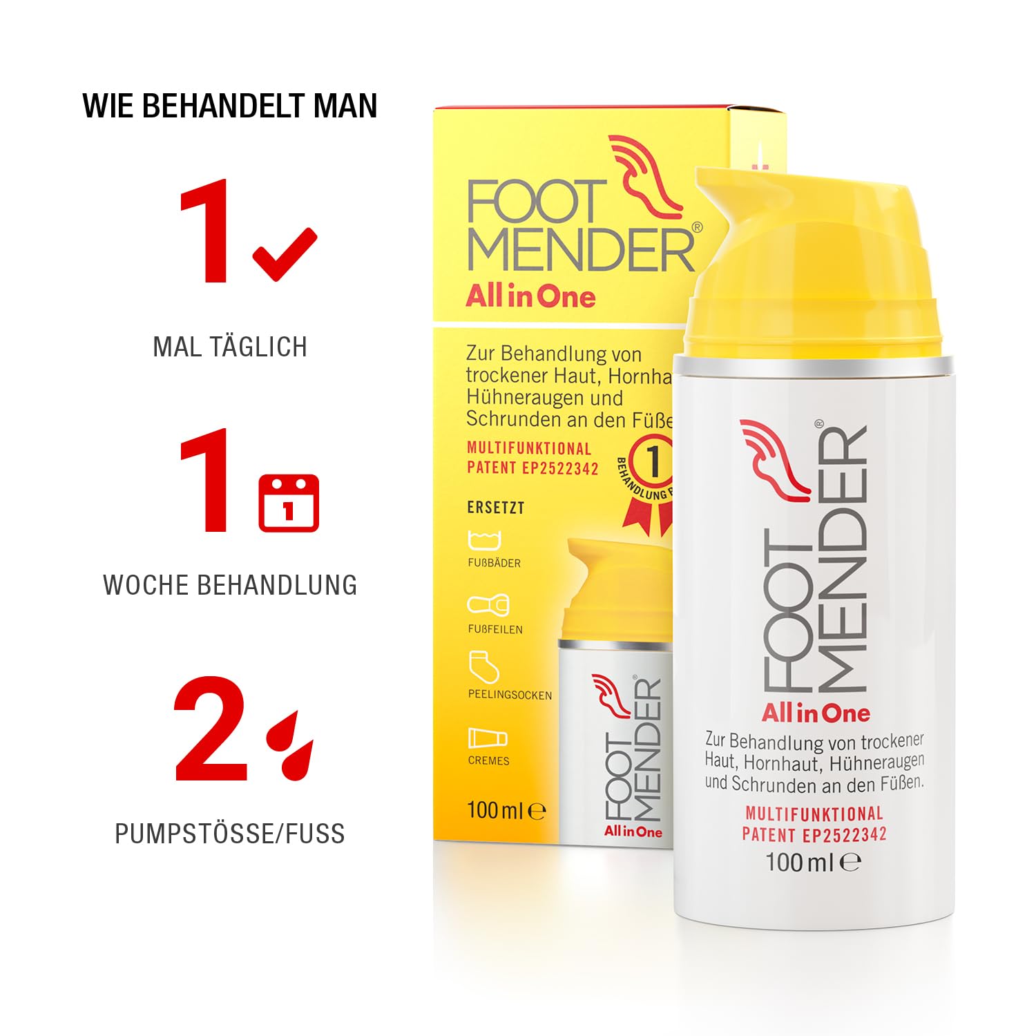 Footmender All in One Fußbehandlung, 100 ml | Behandelt trockene Füße, Gegen Hornhaut und Hühneraugen, Heilt Schrunden, Signifikante Wirkung nach erster Behandlung