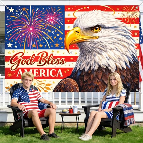 Image of IVN Patriotic Eagle Banner 71x43 Inch 4th of July Veterans Day Memorial God | Polyester Patriotic Eagle 4th of July Veterans design for 4th of July Independence Day Memorial Day and Veterans Day decor
