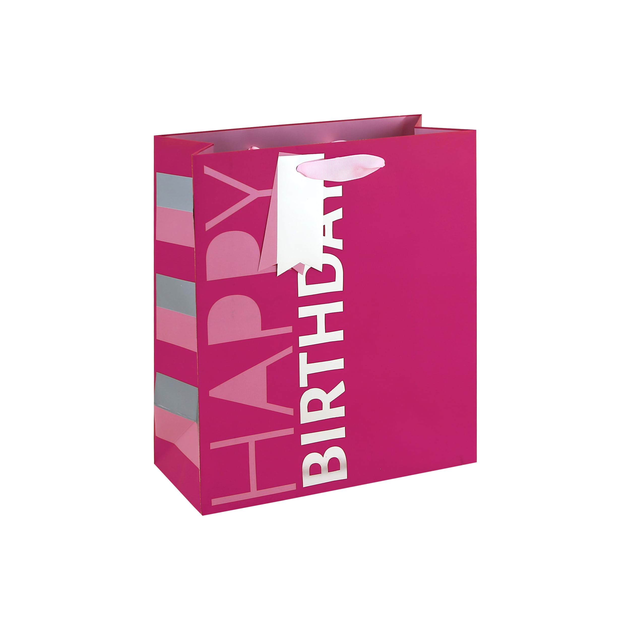 Eurowrap Happy Birthday Medium Gift Bags Pack of 3 – Hot Pink Present Bags with Vertical Lettering, Foil Finish & Grosgrain Ribbon Handles – Birthday Gift Packaging for Girls & Women