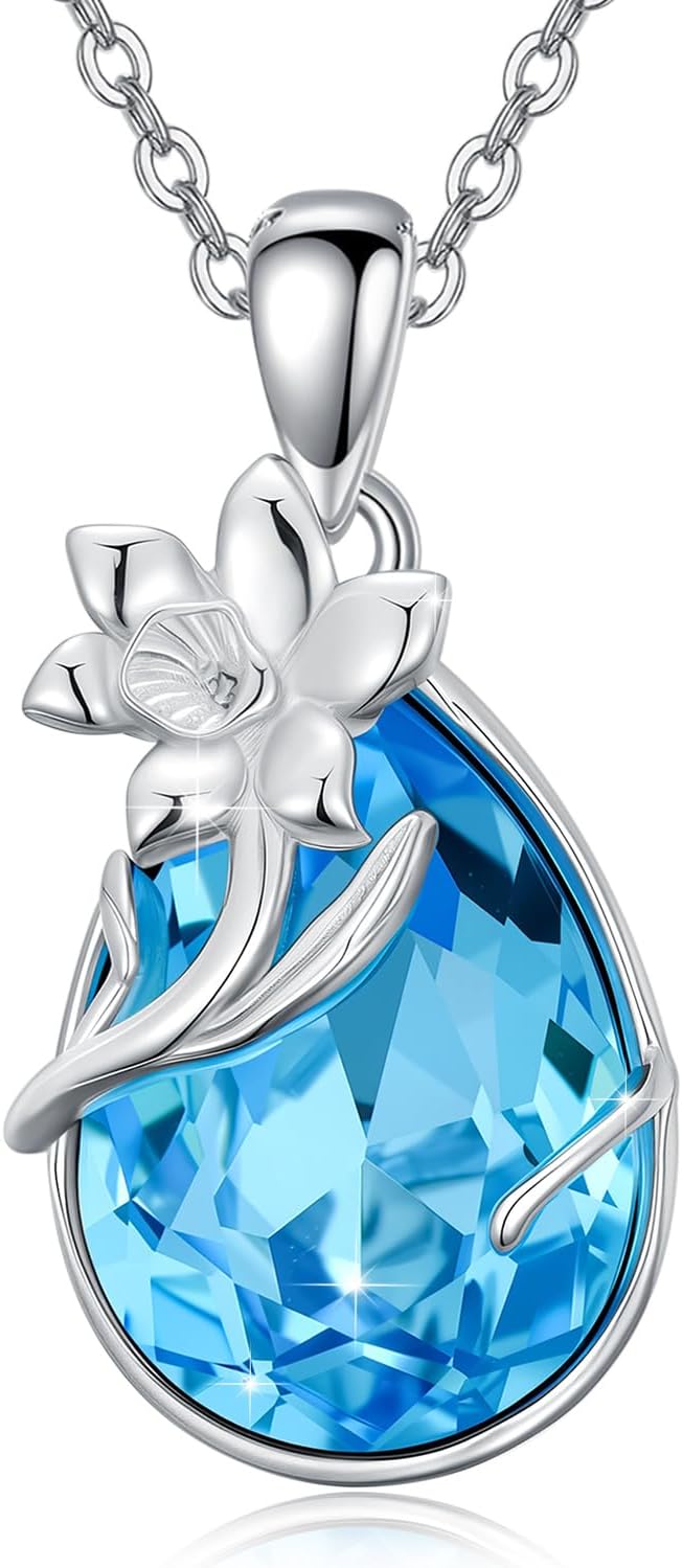 925 Sterling Silver Birth Flower Necklace with Teardrop Shaped Birthstone - 12 Colors, 12 Kinds of Flower - Ideal Birthday Jewelry Gift for Women, Mothers, Daughters & Wives