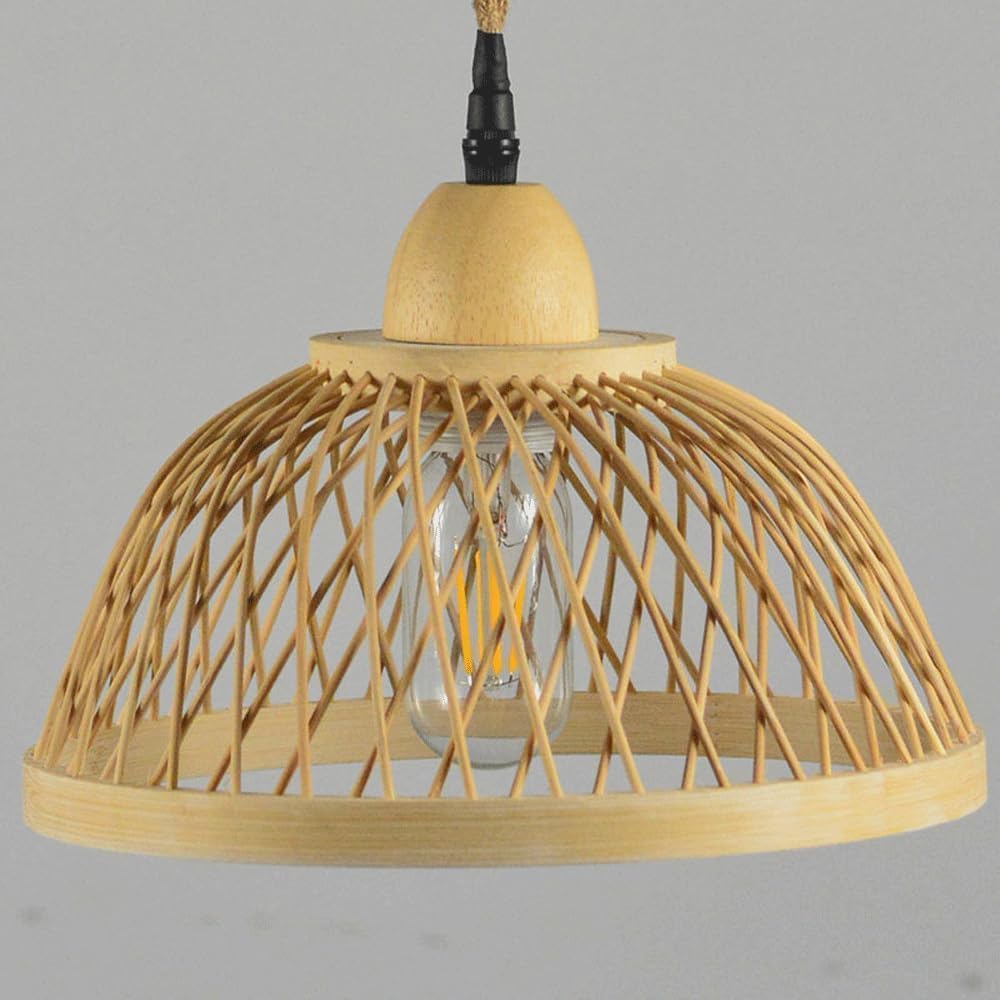 Lampada a Sospensione da soffitto in Rattan Stile Rustico retrò, Lampada a Sospensione in bambù Regolabile in Altezza, lampadario a Cupola con grappolo di Vimini Intrecciato, lampa