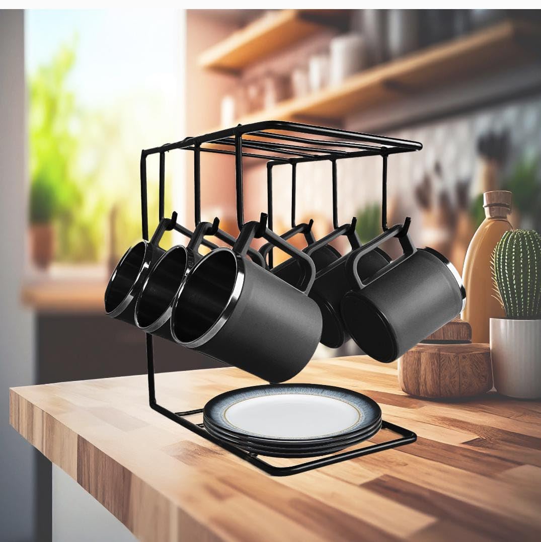Kuber Industries Metal Kitchen Stand,Cup & Plate Stand for Kitchen,Coffee & Tea Mug Holder,Hanging Tabletop Shelves Plate Stand for Kitchen with 6 Hooks,Organizer for Kitchen,Stand Hanger,Black