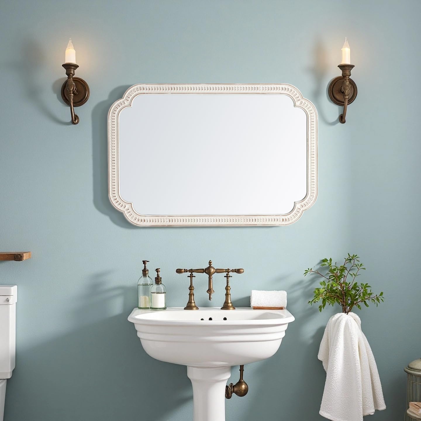 Rustic White Mirrors for Bathroom 24 X 36, Hanging Distressed Finish Carved Wood Scalloped Farmhouse Wall Mirror, Decorative Arched Corner Vintage Mirror, Boho Rectangular Mirrors