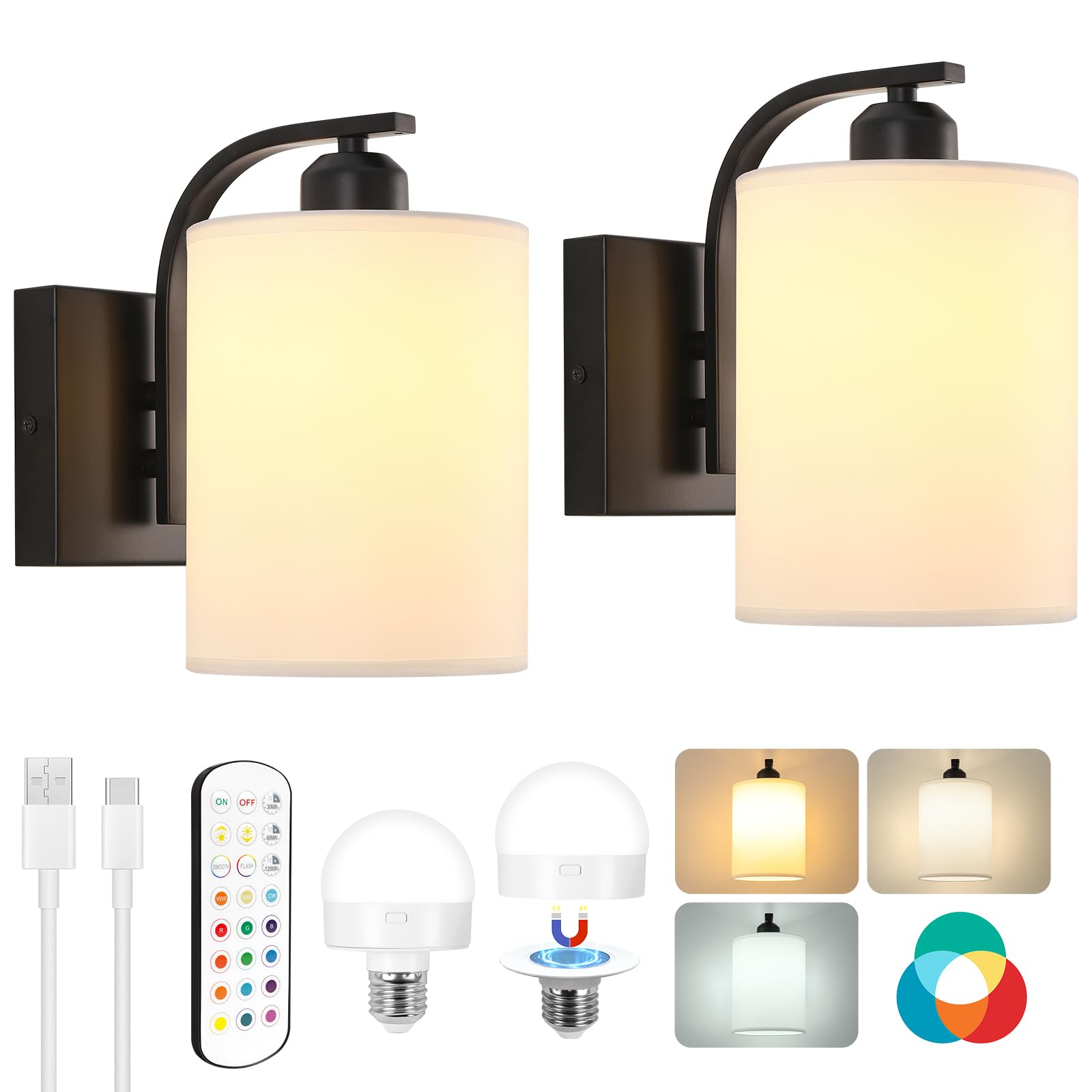 Aplique de pared a pilas con control remoto, juego de 2 luces de pared recargables negras, juego de 2, aplique de pared inalámbrico de 15 colores con bombilla desmontable regulable de 3000 mAh para