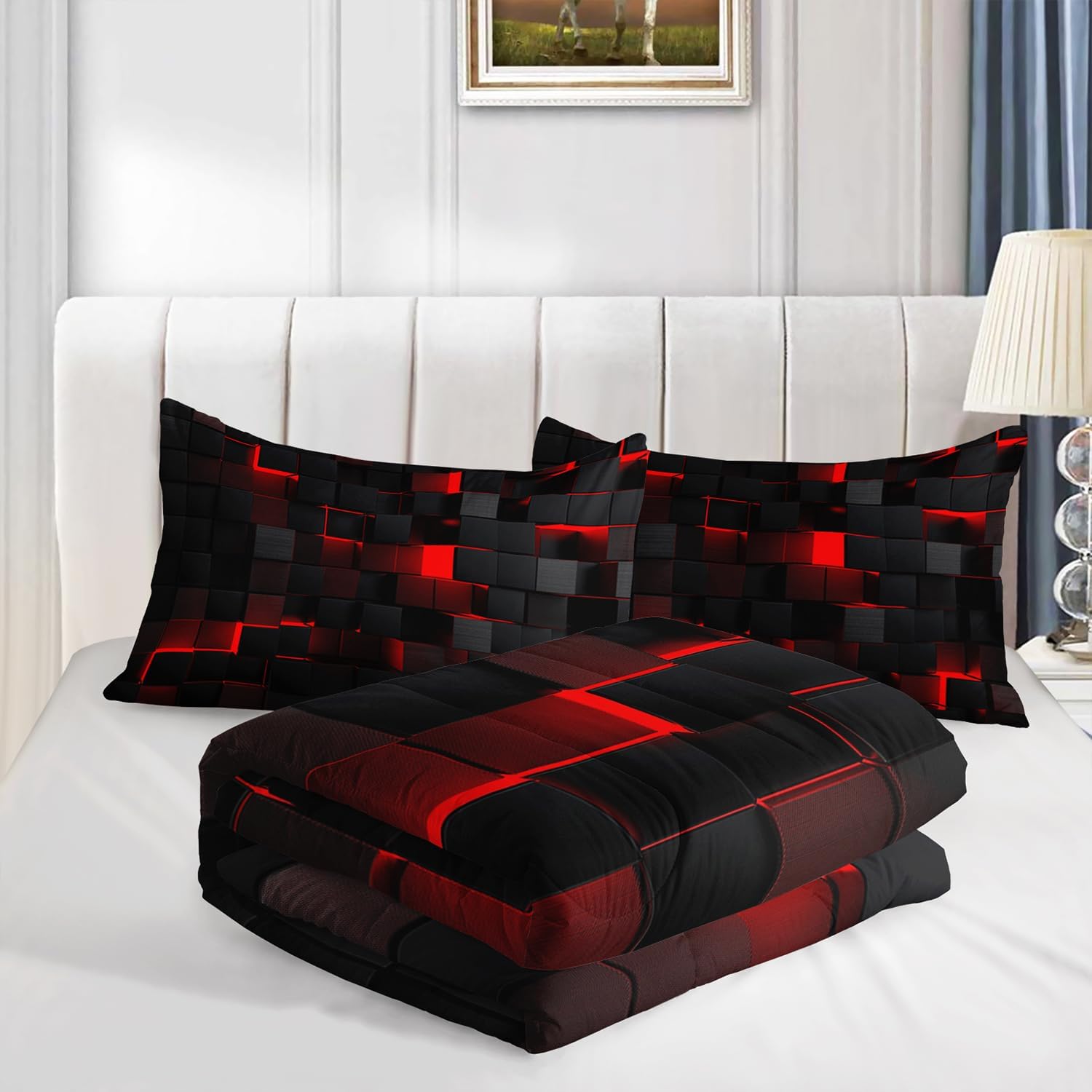Nttopship Geometric Red Black Comforter Set,Light Honeycomb 3 Piece Bedding Set Queen for Teen Boys,Modern Bedding Quilt Set Geometry Decor,Microfiber Lightweight 1 Comforter 2 Pillowcases All Season