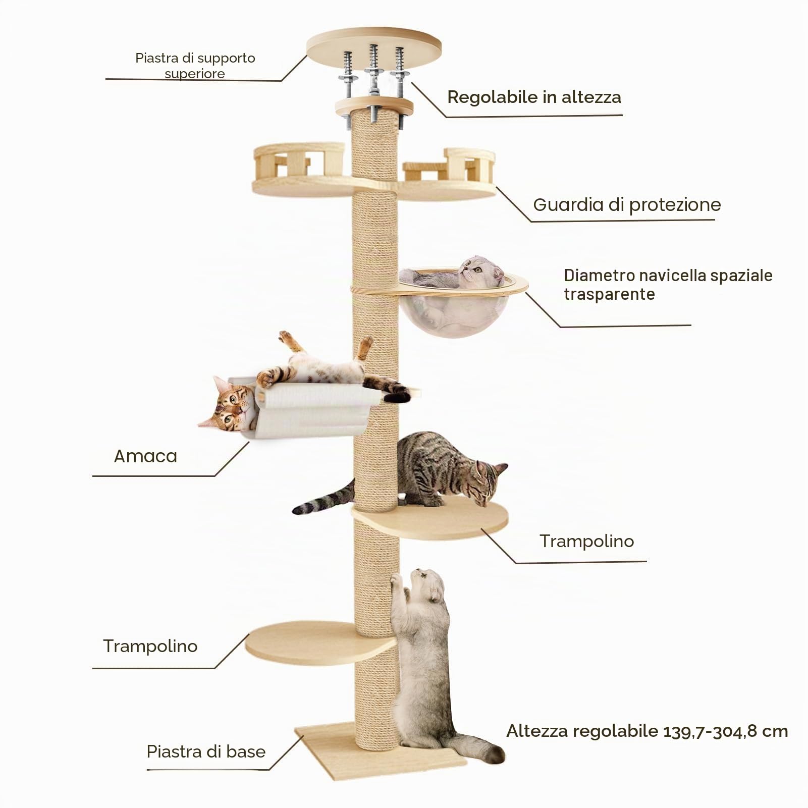 Torre Tiragraffi per Gatti, Altezza Regolabile 300 cm, Albero Stabile per Interni, Torre da Gioco per Gatti di Grandi Dimensioni, Rilassante Beige