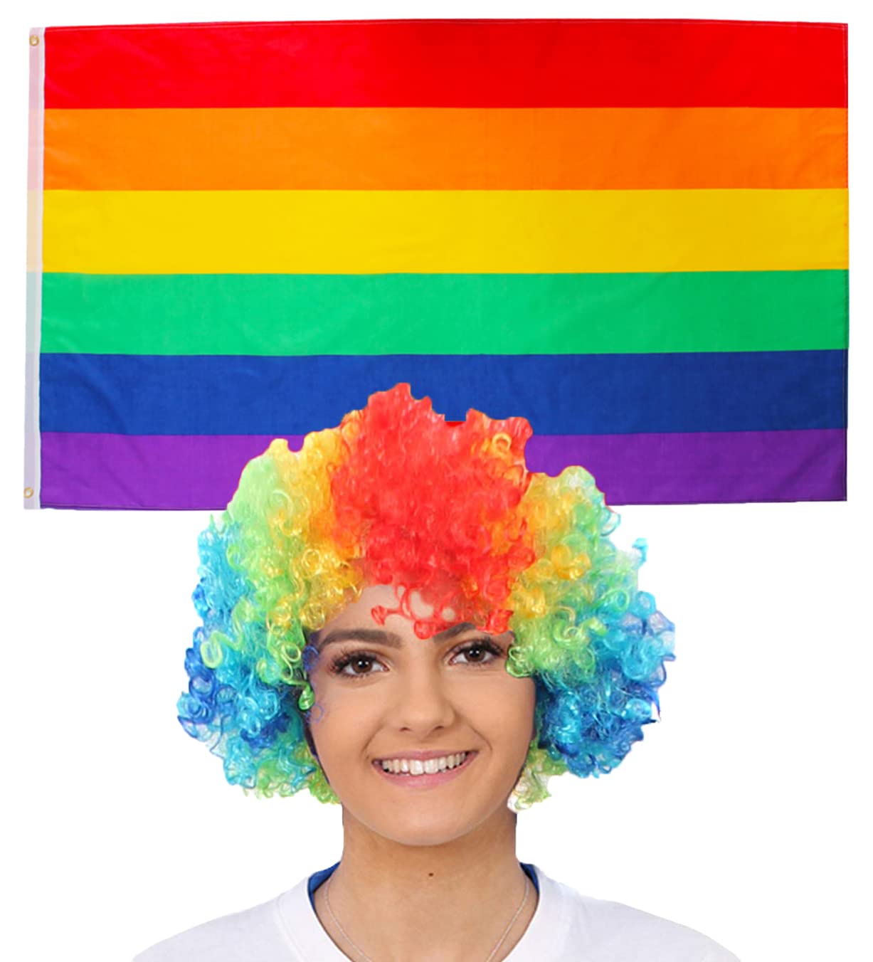 Rainbow Flag & Wig Fancy Dress Accessory Set. 3x5ft Flag + Pride Flag Afro. Pride Lgbtq Supporters Flag & Wig Fancy Dress Accessory Set Lgbtq Flag — image 1