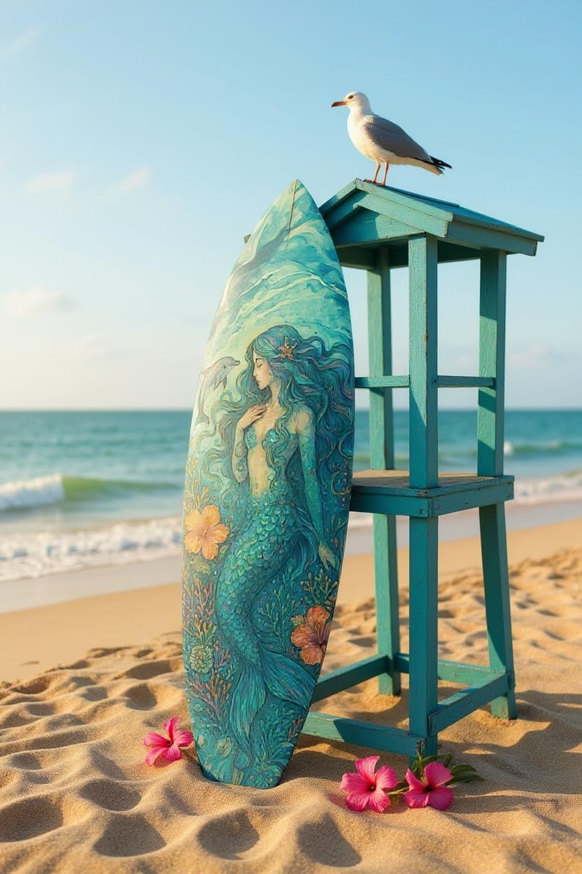 JennyGems Mermaid Surfboard Wall Art | Weatherproof PVC Coastal Decor | Indoor/Outdoor Watercolor Mermaid with Dolphin | Hook Installed | Made in USA | Porch Pool Patio Wall Decoration | 2 Foot