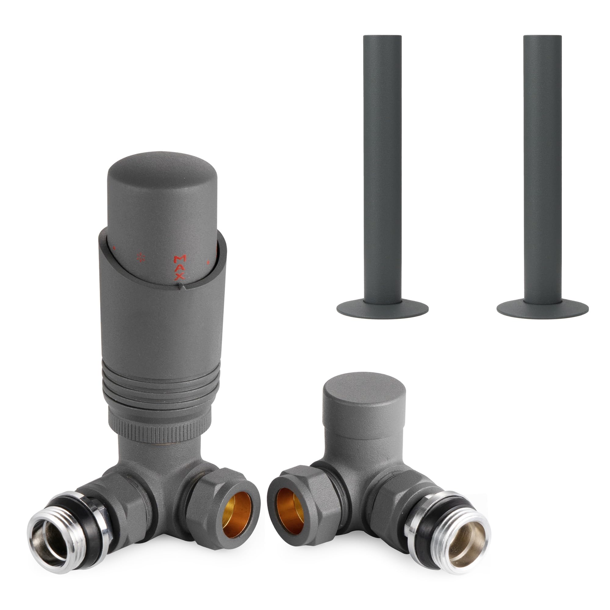 VANCOCO Anthracite Grey Thermostatic Radiator Valve 1/2"×15mm Corner with Lockshield + 130mm×18mm Radiator Pipe Covers, Thermostat TRV Set, H62 Brass, Energy Saving