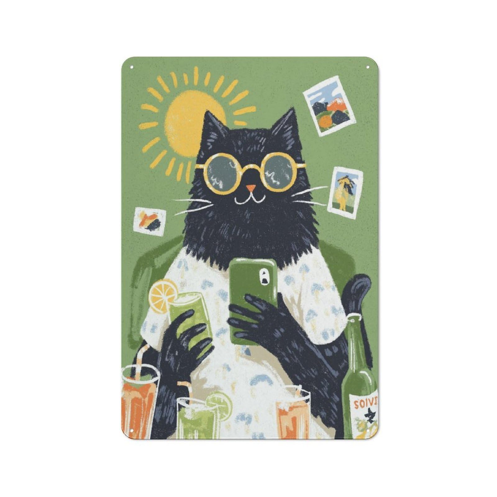 Junmoney Chill Cat With Cocktails Rustic Tin Sign 30X20cm, Vintage Porch Wall Decor For Conservatory, Home Bar Or Utility Room