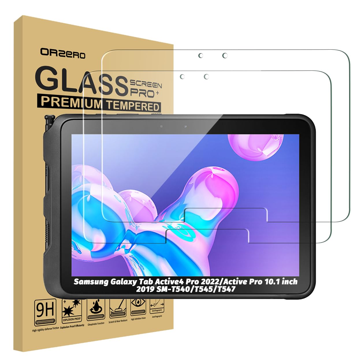 Orzero (2 Pack) Tempered Glass Screen Protector Compatible for Samsung Galaxy Tab Active4 Pro 2022/Galaxy Tab Active Pro 10.1 inch 2019 SM-T540/T545/T547, HD 9 Hardness Anti-Scratch Full-Coverage