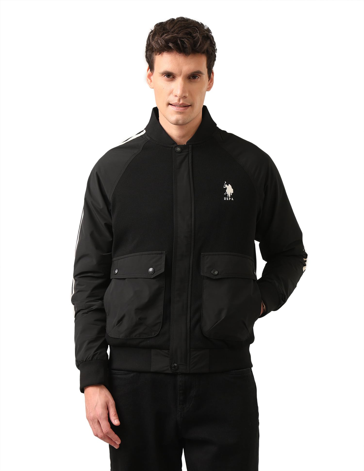 u.s. polo assn. denim co. Men's Black Striped Mock Collar Long Sleeve Casual Polyester Regular Fit Jacket-picture-33