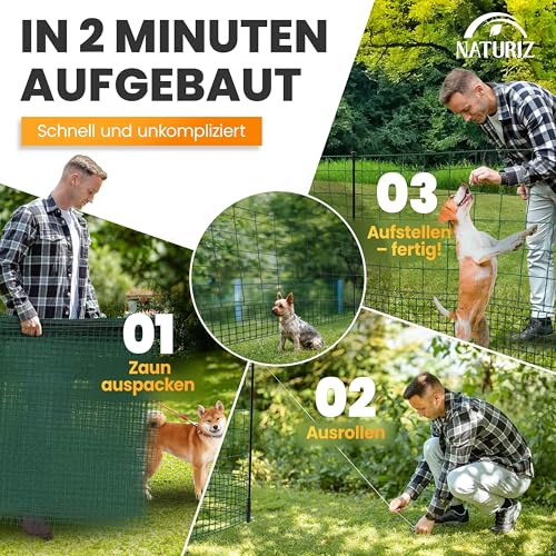 NATURIZ® Weidezaun 105cm hoch - mobiler Hundezaun & Hühnerzaun extrem stabil, Camping Zaun für Hunde ohne Strom, Begrenzungszaun, Gartenzaun, Steckzaun, Geflügelnetz (15m)