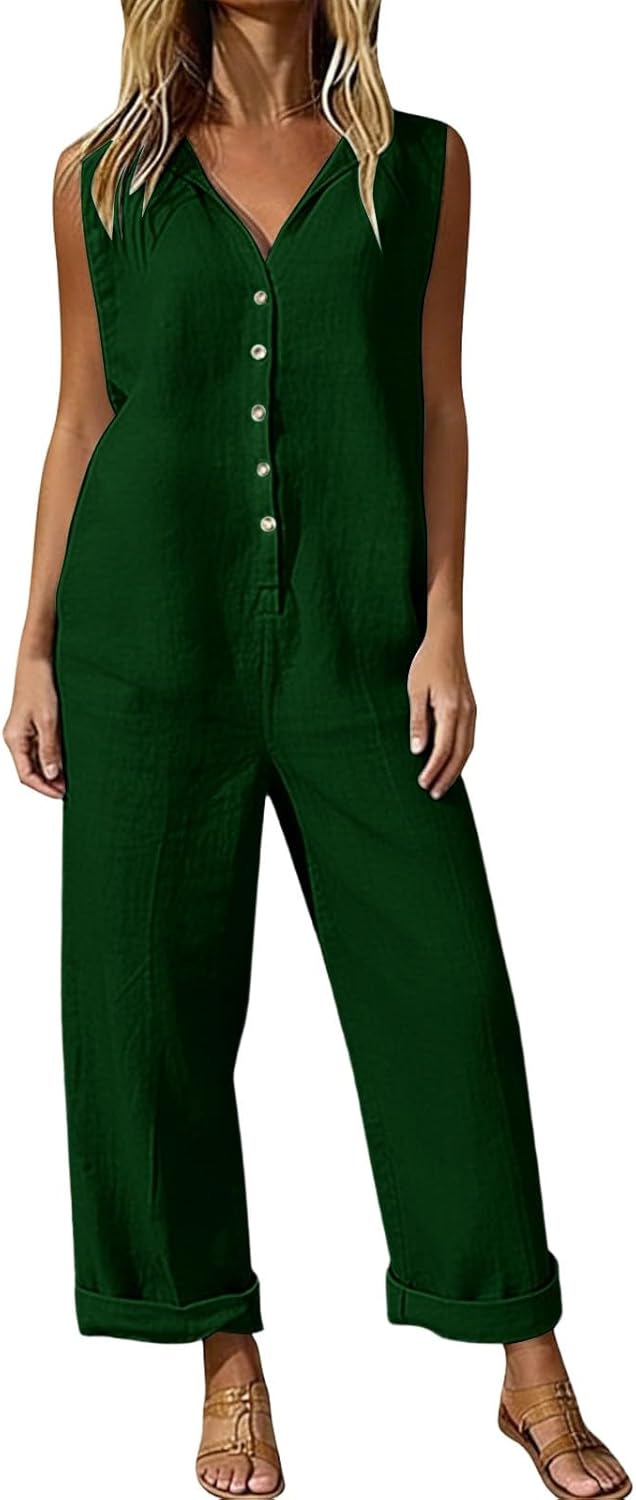 Linen Rompers for Women Casual Short Sleeve Button Down Overalls Wide Leg Loose Jumpsuit with Pockets - Image 6