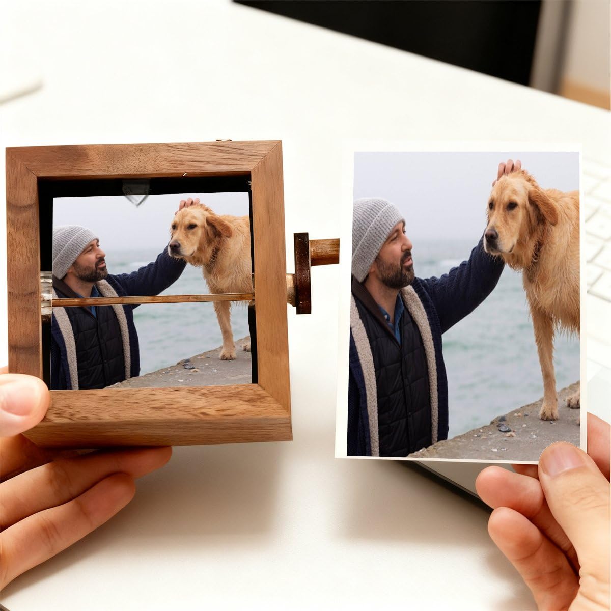 Personalisierte Holz-Fotobox – benutzerdefiniertes Flip-Buch mit Handkurbel, mit Licht, drehbarem Memory-Rahmen, ideales Geschenk für Männer, Frauen, Geburtstag, Hochzeit, Weihnachten