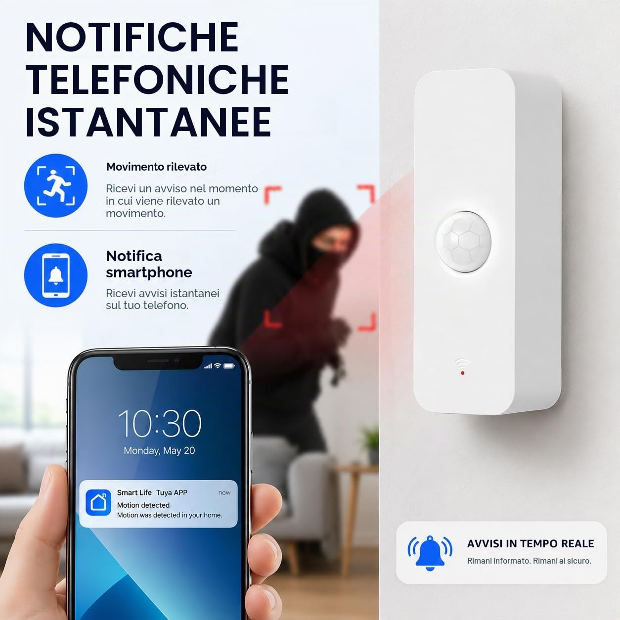 Sensore Movimento PIR WiFi con Avvisi App, Rilevatore Intelligente Sicurezza Casa Wireless, 4PCS