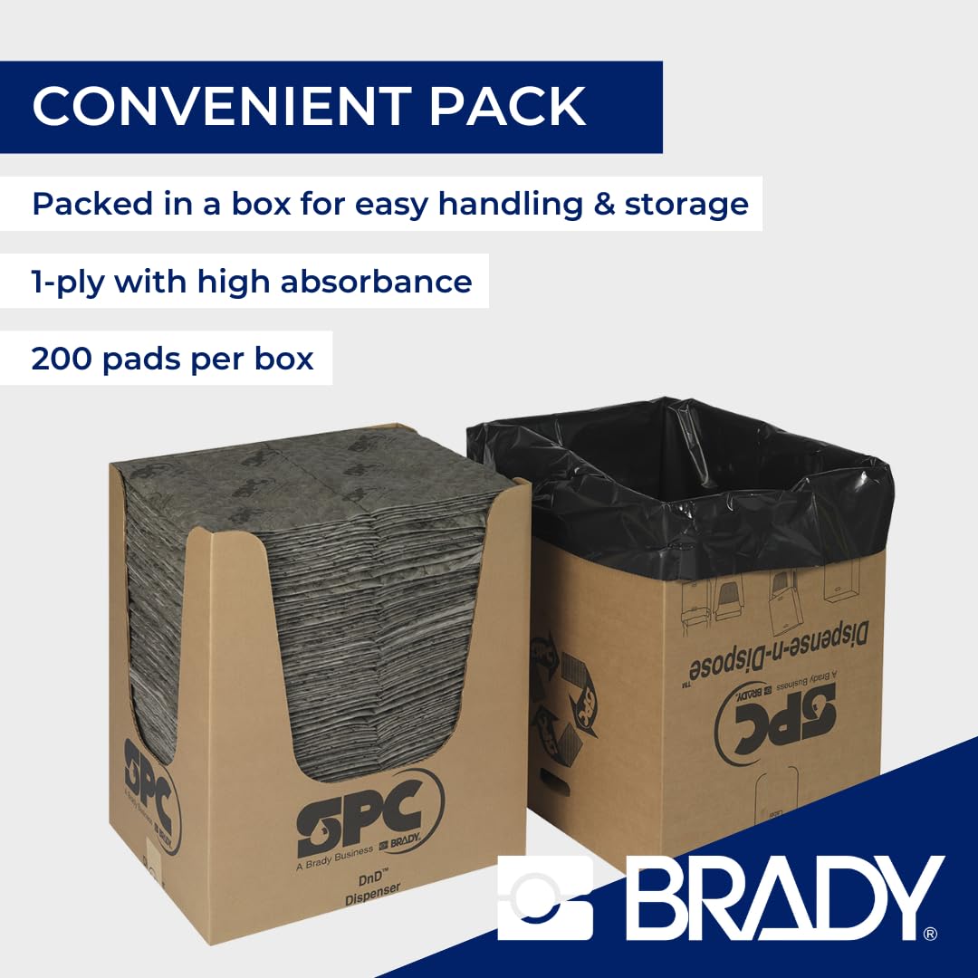 SPC® by Brady Feuilles Absorbantes Universelles – Lot de 200 Feuilles Grises, Épaisses, 1 Couche, Alvéolées et Prédécoupées, 40 cm x 50 cm, Pour Huiles, Eau, Solvants et Liquides de Refroidissement