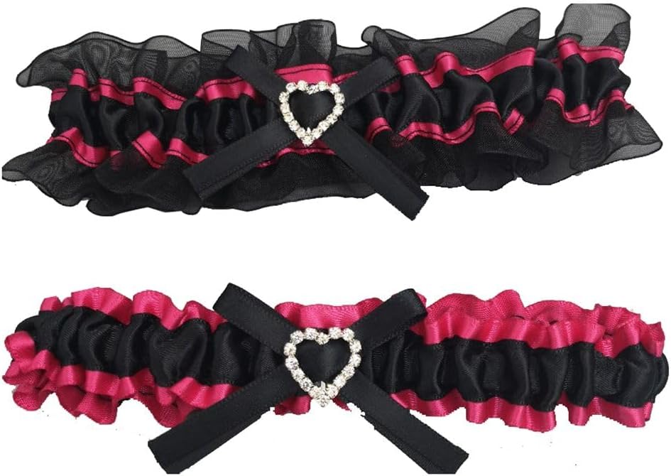 Wedding Garter for Bride Bow with Heart Rhinestones Satin Bridal Garter 2 Pieces Black Wedding Garter Set