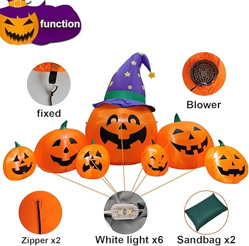 Miniatura 3 de Poptrend Decoraciones inflables de Halloween, 8.2 pies inflables 7 calabazas con sombreros de bruja al aire libre, Halloween, decoración de patio,