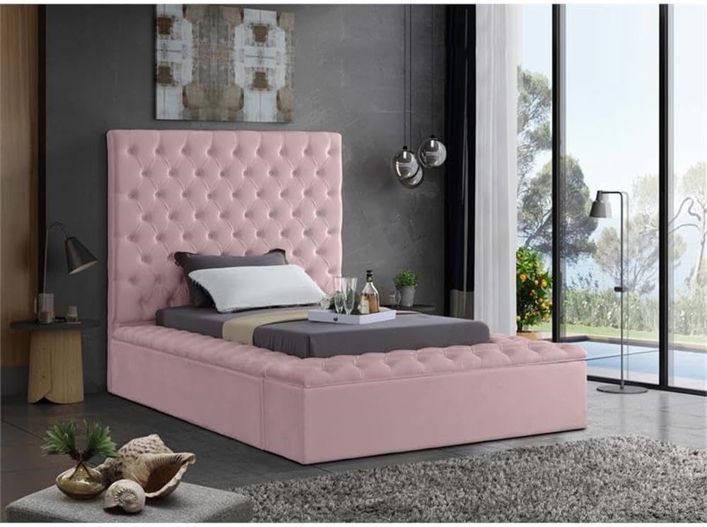 Meridian Furniture Bliss Collection Modern | Contemporary Velvet Upholstered Bed with Deep Button Tufting and Storage Compartments in Rails and Footboard, Pink, Twin