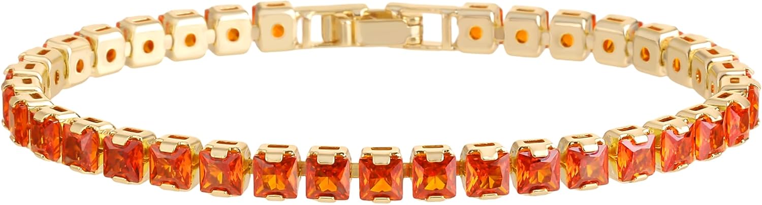 18K Gold-Plated 4mm Square Cubic Zirconia Tennis Bracelet | Trendy Pink/Orange Cubic Zirconia Women's Tennis Bracelet