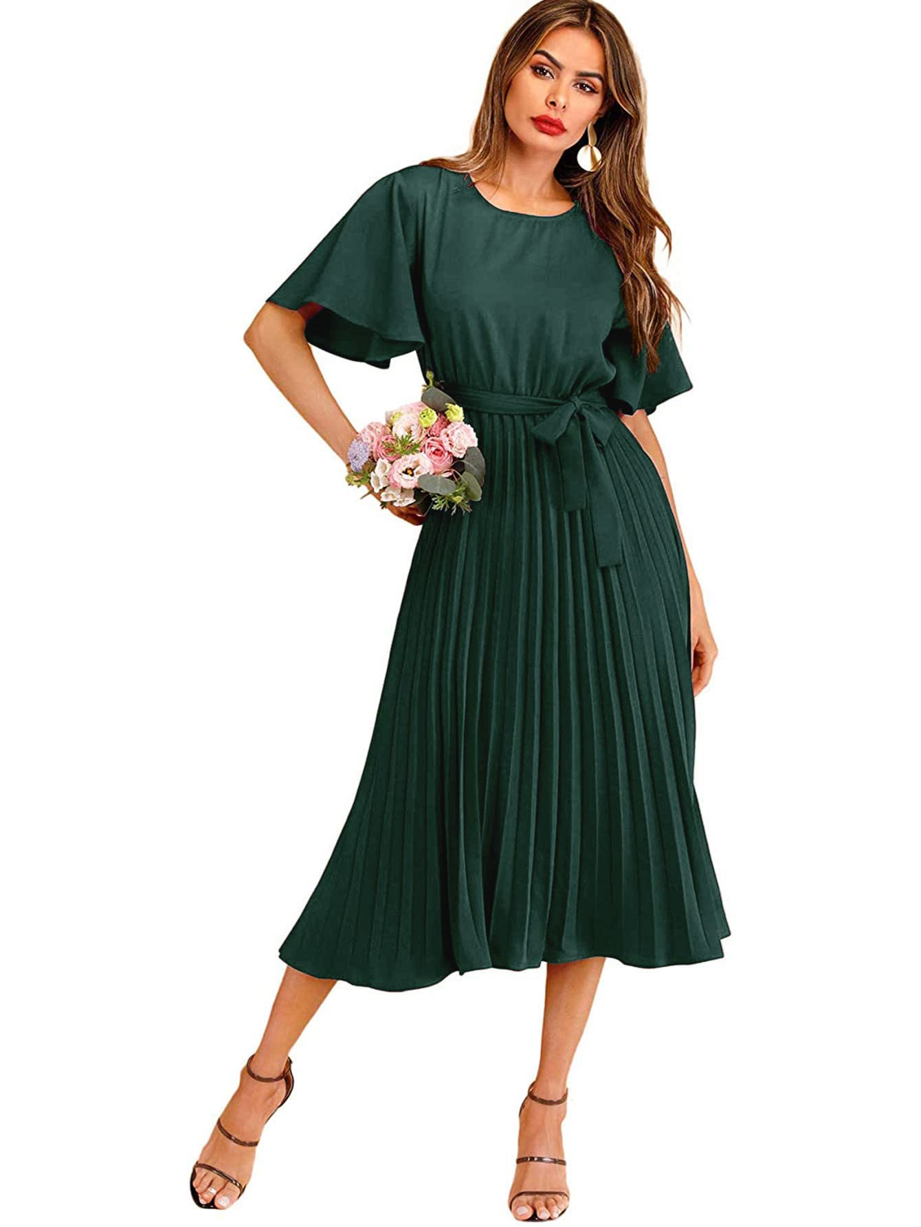 MilumiaWomen's Elegant Pleated Belted Solid Long A Line Dress (Small, Green-1)