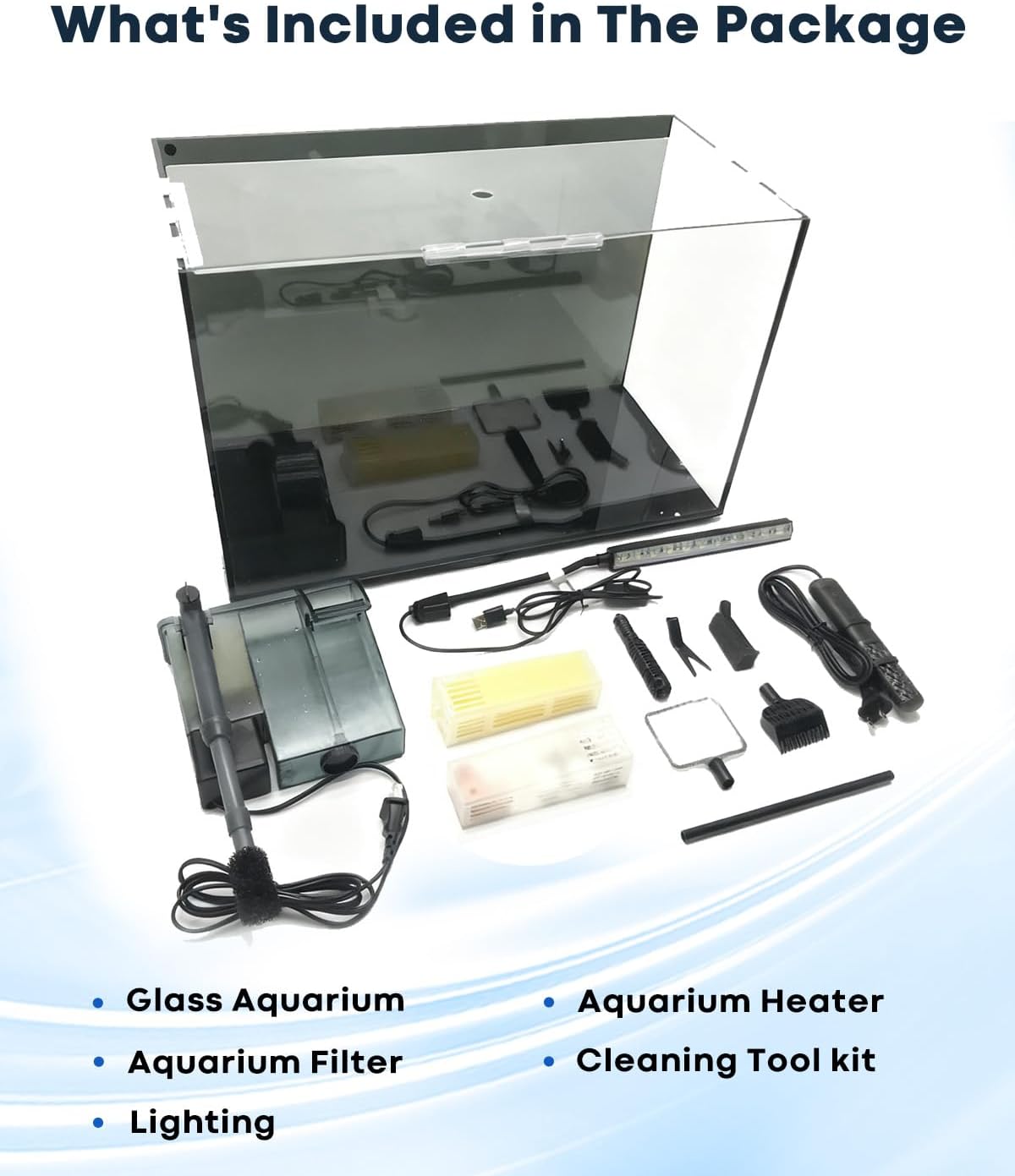 10 Gallon Aquarium Set Glass Fish Tank, Heater Self Cleaning System Filter with Media Bright Light Cleaning Tool, Leak-Proof Clear Rimless Betta Tropical Freshwater Fish