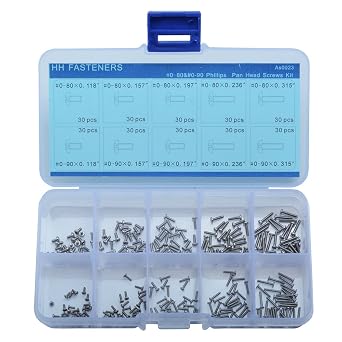 #0-80,#0-90 Phillips Pan Head Machine Screws Assortment Kit,10 Size 300 Piece,304 Stainless Steel,Full Thread