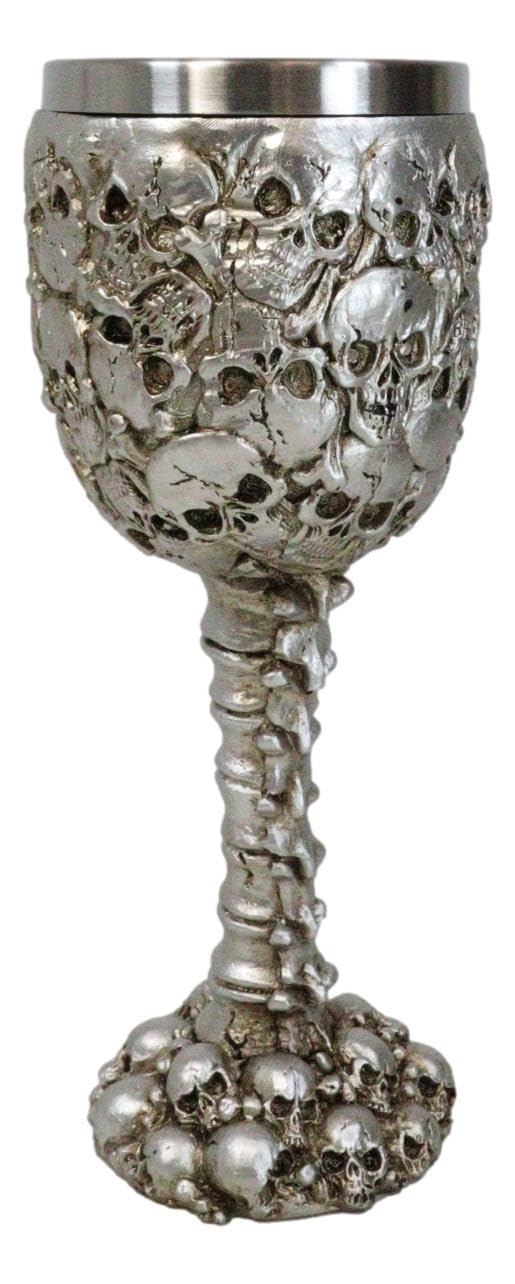 Ebros Gun Metal Silver Ossuary Skull Heaps Graveyard of Lost Souls Wine Goblet Chalice 8oz Drink Beverage Cup Of Silent Hill Ghost Skulls Skeleton Bones And Spines Collectible Chalice