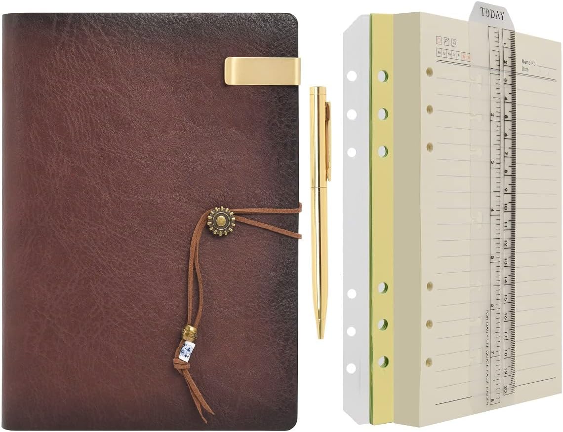 WONDERPOOL Leather Journal A5 Refillable 6 Ring Binder Notebook with Lined Paper and Pen,Writing Diary for Work Travel and Agenda Plan (A5, Brown)