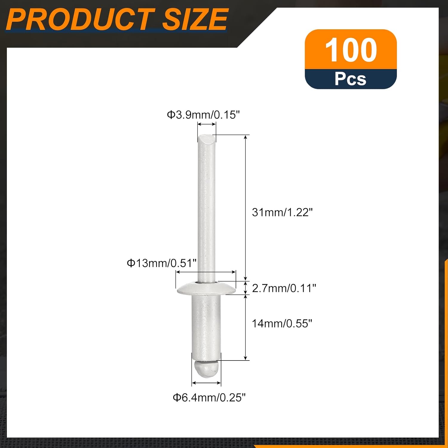 uxcell 100Pcs 1/4"x1/2" Round Head Blind Rivets, Zinc-Plated Carbon Steel Grip and Mandrel Cap Blind Rivets, Grey