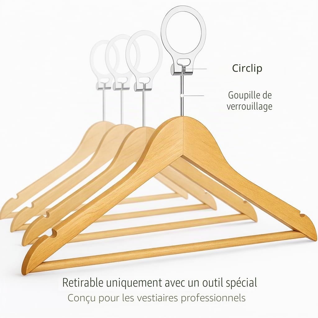 MELA'S Lot de 10 cintres en Bois antivol avec Anneau de sécurité – Retirables Uniquement par Le Personnel – pour hôtels et Usage Professionnel
