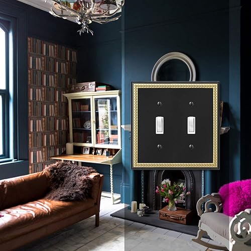 Miniatura 3 de Placa decorativa de pared con marco perlado para placa de interruptor (palanca doble, negro mate y dorado oscuro)