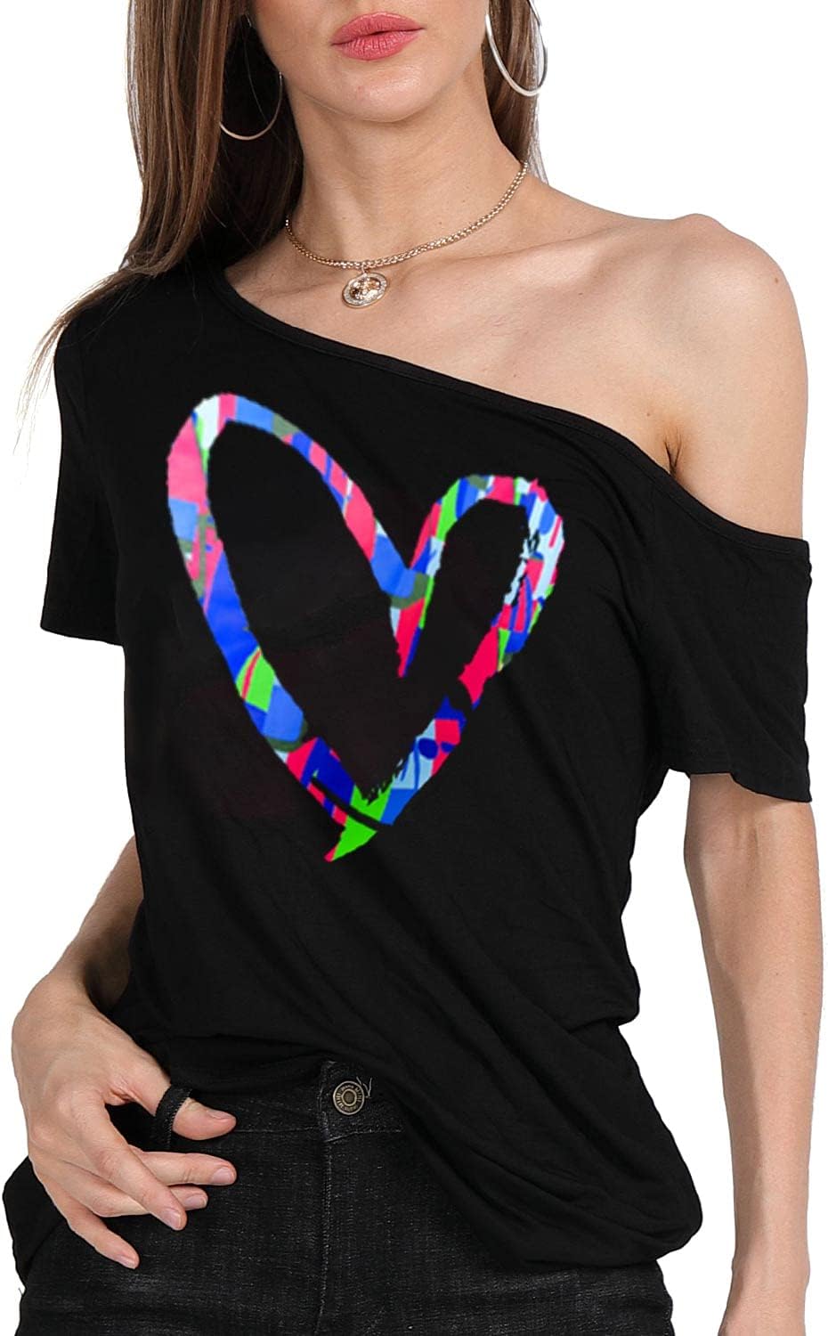 MAGICMK Women’s Short Lips Print Causal Off The Shoulder Plus Size T-Shirt Tops - Image 6