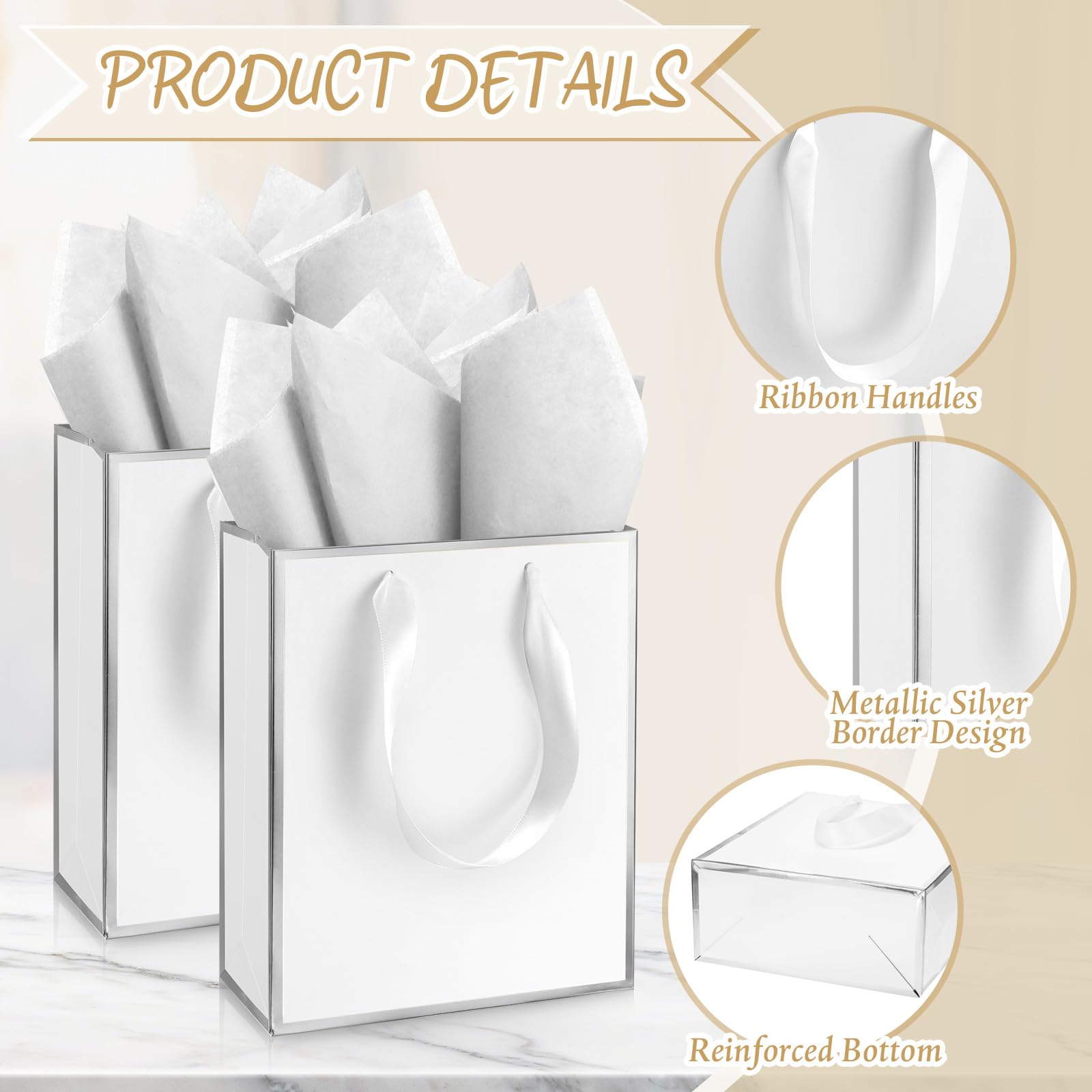 Yeaqee 50 Pack Metallic Gift Bags with Handle and Tissue Paper Gold Foil Thank You Bag for Graduation Wedding Groomsmen Bridal Baby Shower Gifts Holiday Party Favors 9x7x3.15'' (White Silver)