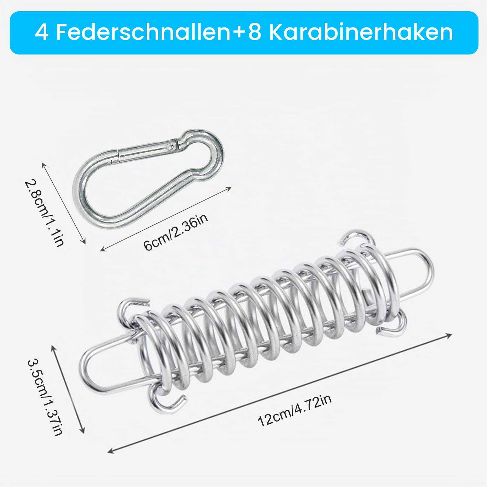 4 Stück Zugfeder Spannfeder Sonnensegel Befestigung Sprungfeder Stahlfeder Federschnalle mit 8 Stück Karabiner für Campingzelt Sonnensegel Markise