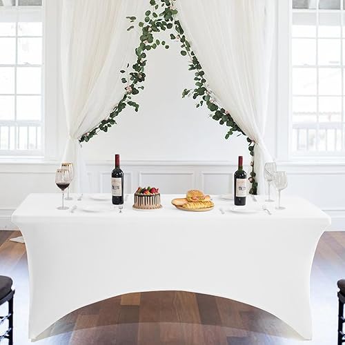 Miniatura 7 de Heochy Paquete de 2 Manteles de 6 Pies para Mesas Rectangulares - Mantel Navideño Blanco Rectangular Ajustado Elástico de Spandex Cubremesas de 6