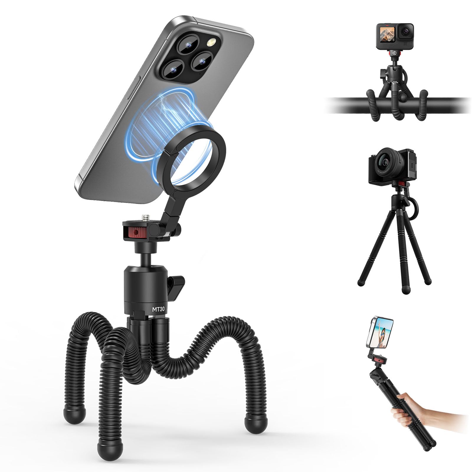 ULANZI MT30 Trípode Magnético Flexible para iPhone con Rosca de 1/4", Minisoporte Flexible para Teléfono, Minitrípode Octopus para Fotos Creativas y Grabación de Vídeo, Compatible con Cámaras MagSafe