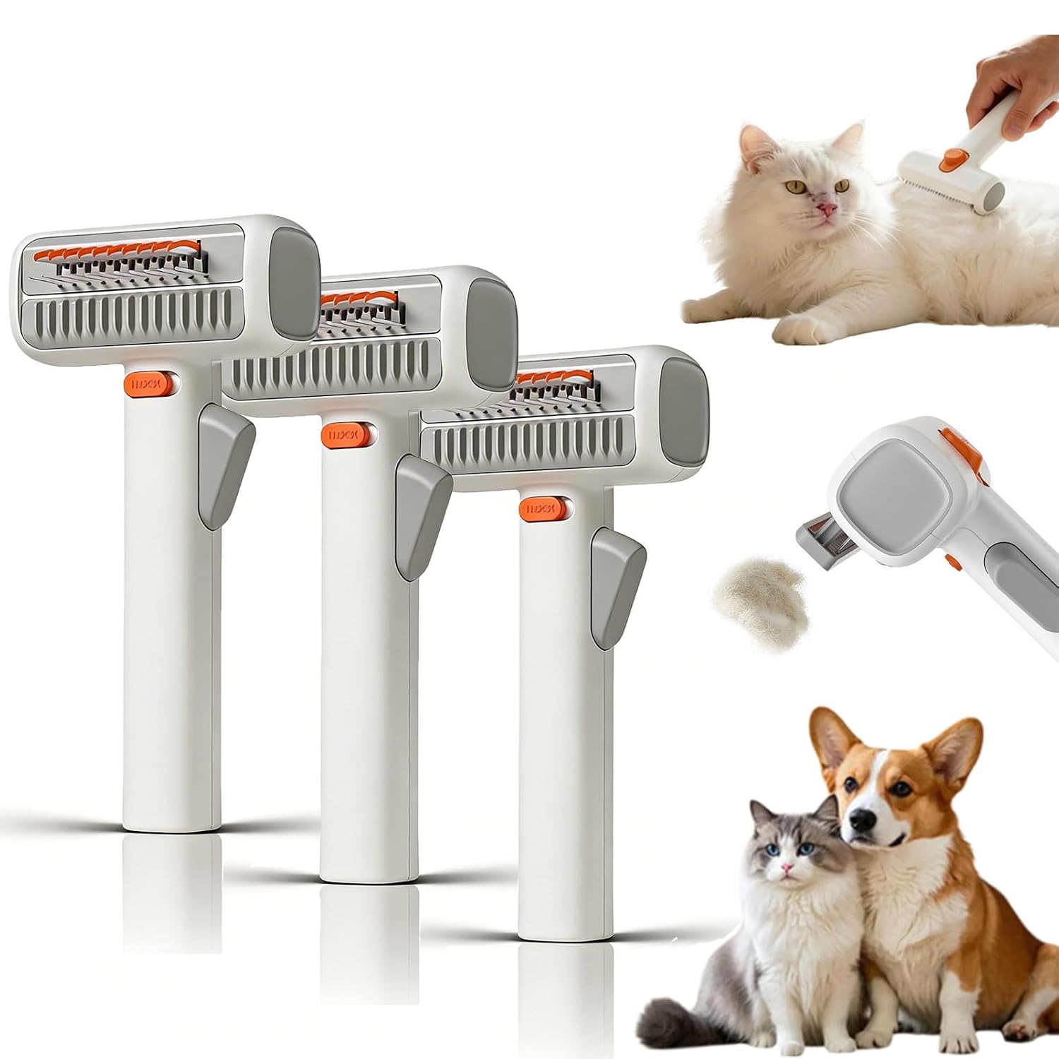 2-in-1 Pet Self-Detangling & Grooming Comb - Undercoat Rake For Dogs & Cats - Gentle Undercoat Rake & Brush for Long or Short Hair, Removes Mats, Tangles & Loose Fur (3PCS)
