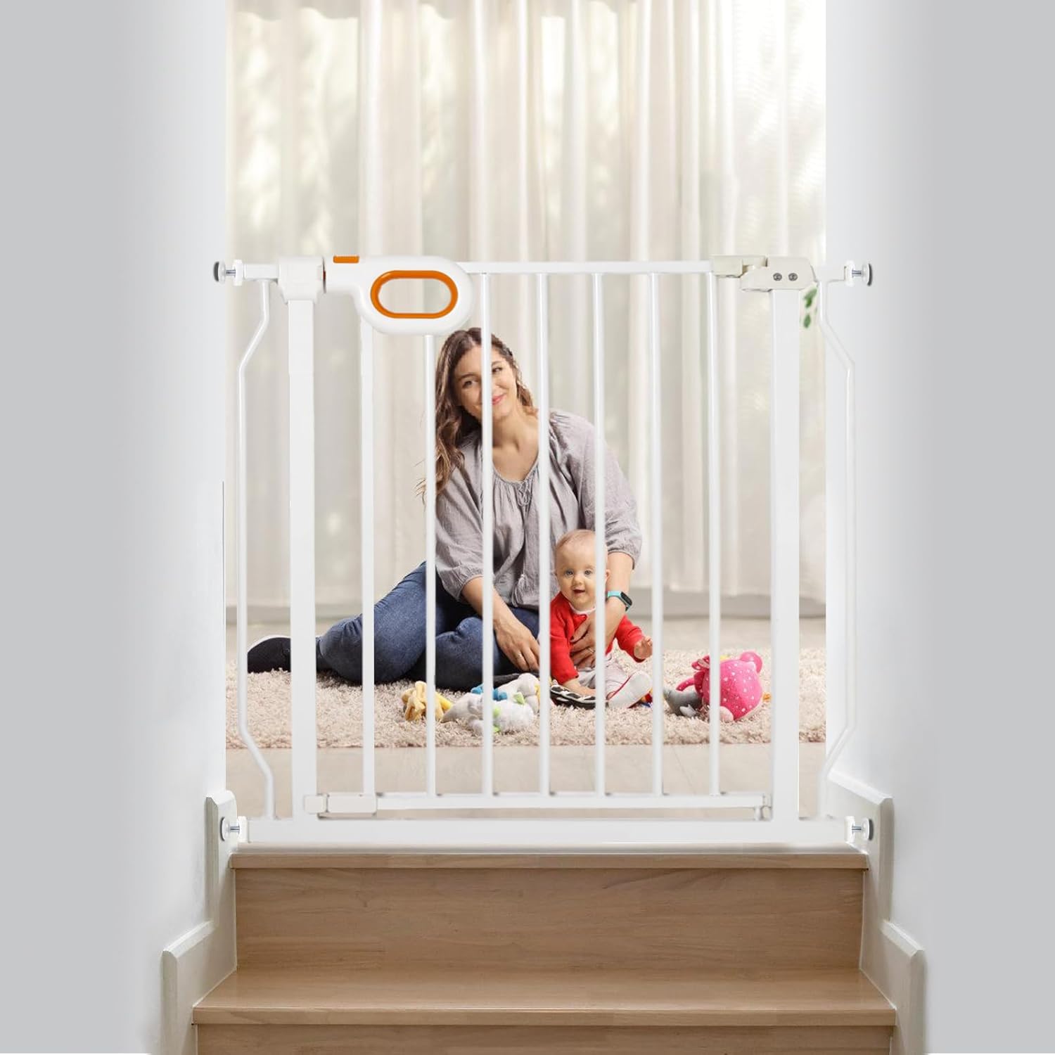 owlie Baby Gate for Stairs 29-33 Inch Wide, Safety House Gate for Baby Pet Gate with Door Pressure Mounting Gates for Kids Toddler Dogs Indoor Stairway Doorway White (30.5'' Tall)