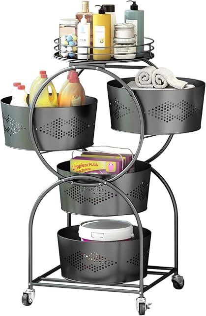 Pumpumly Rotating Kitchen Storage Shelf Rack 4-Layer Round Metal Baskets for Fruit Vegetable Organizing Plant Stand for Kitchen,Bathroom,Living Room (Black)