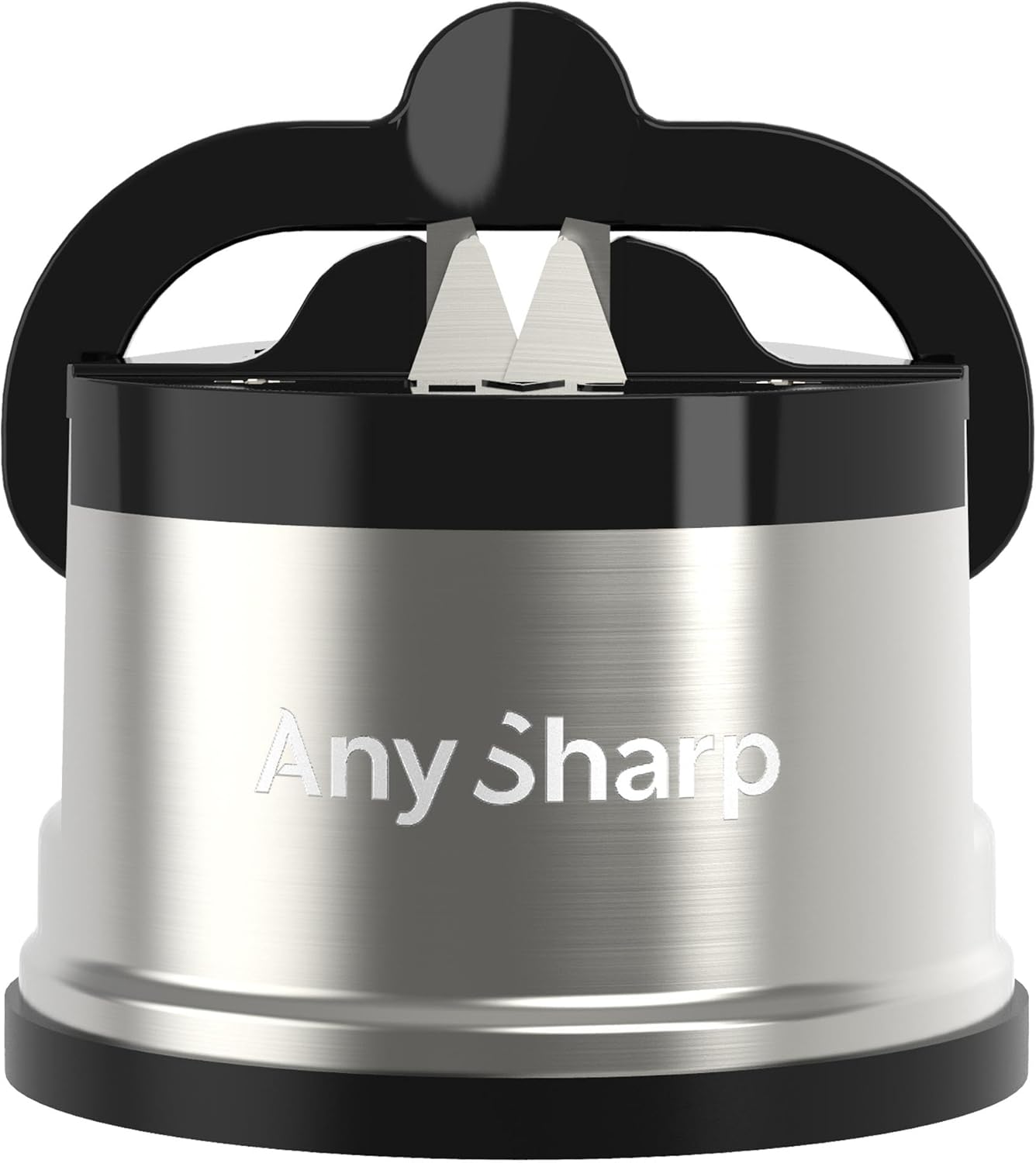 AnySharp Pro Metalowa Ostrzałka do Noży, Bezpieczne Użycie Bez Używania Rąk, Przyssawką, Bezpieczne Ostrzenie Wszystkich Noży Kuchennych, do Stali Hartowanej i Ząbkowanych, Kompaktowe, Srebrne
